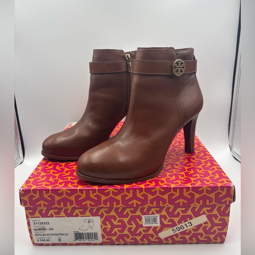 Tory Burch Bristol Almond Brown Calf Leather Ankle  Booties 8M Rt-395$ With Box